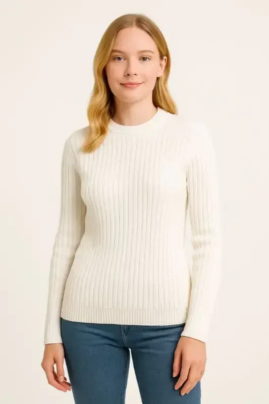 Bike Round Neck Knitwear Sweater Cotton Thick Ribbed Knit, Regular Fit Long Sleeve Winter Model - White - 1