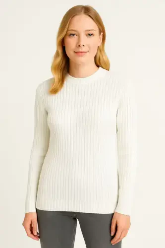 Bike Round Neck Knitwear Sweater Cotton Thick Ribbed Knit, Regular Fit Long Sleeve Winter Model - White - BÜYÜKBEDENIZ (1)