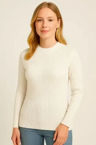 Bike Round Neck Knitwear Sweater Cotton Thick Ribbed Knit, Regular Fit Long Sleeve Winter Model - White - 3
