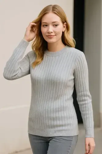 Bike Round Neck Knitwear Sweater Cotton Thick Ribbed Weave, Regular Fit Long Sleeve Winter Model - Grey - 1