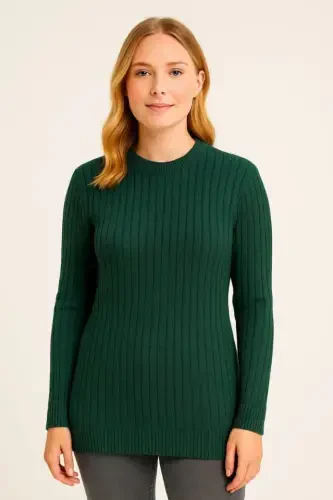 Bike Round Neck Knitwear Sweater Cotton Thick Ribbed Weave, Regular Fit Long Sleeve Winter Model - Khaki - BÜYÜKBEDENIZ (1)