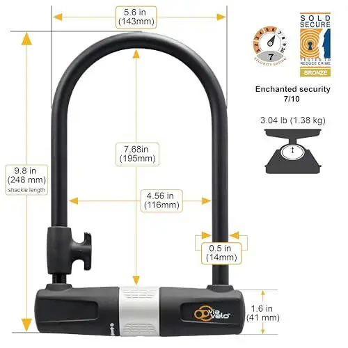 Bike U Lock with Cable - Via Velo Heavy Duty Bicycle U-Lock, 14mm Shackle and 10mm x1.8m Cable with Mounting Bracket for Road, Mountain, Electric & Folding Bike - 1