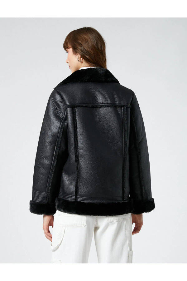 Biker Jacket Leather Look Plush Detailed Zipped Pocket - 3