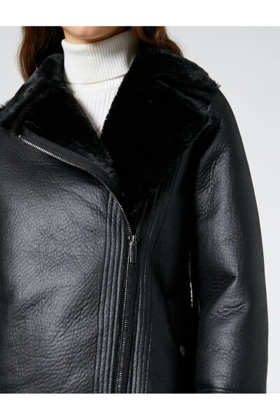 Biker Jacket Leather Look Plush Detailed Zipped Pocket - 4