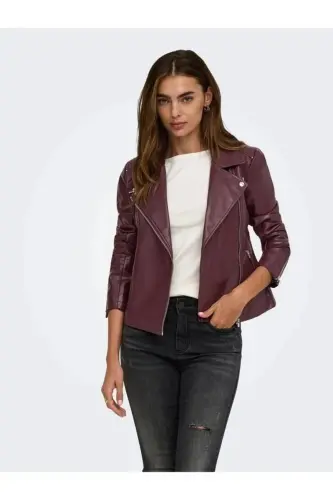 Biker Otw Noos Kadın Pu Suni Deri Ceket - Bordo15153079 - Only (1)