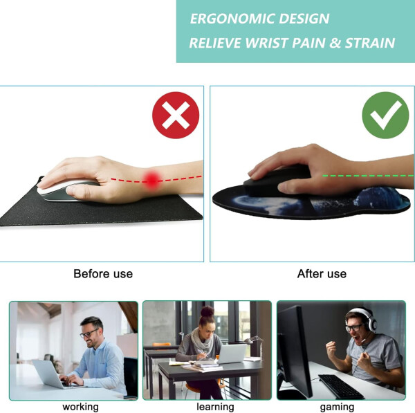 Bilak Qo'llab-quvvatlovchi Sichqoncha Pad, Xotira Ko'pikli Bilak Dam olish Yostiqchalig'i bilan Ergonomik Sichqoncha Pad, Uy Ofis Kompyuter Laptop uchun Sirpanmaydigan Rezina Taglikli O'yin Sichqoncha Pad, Oyli Tun - 16