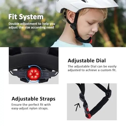 Bilaki Kids Bike Helmet, Adjustable Toddler Youth Helmet with Detachable Visor & LED Light for Boys Girls Ages 2-14, Multi-Sport Helmet for Cycling Scooter Skating, 2 Sizes - 4