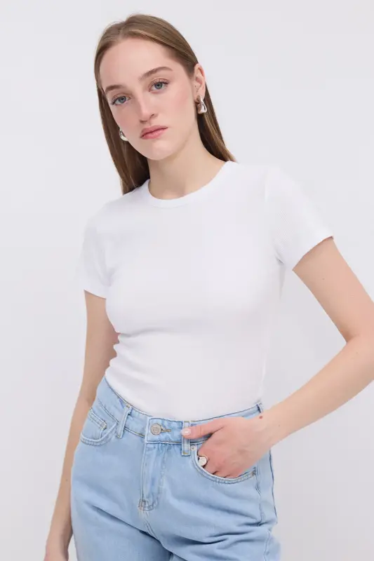 Bilasikli yoqa Basic T-shirt P13343-u6-Oq - 2