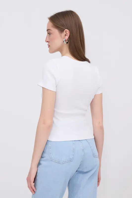 Bilasikli yoqa Basic T-shirt P13343-u6-Oq - 4