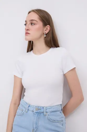 Bilasikli yoqa Basic T-shirt P13343-u6-Oq - 5