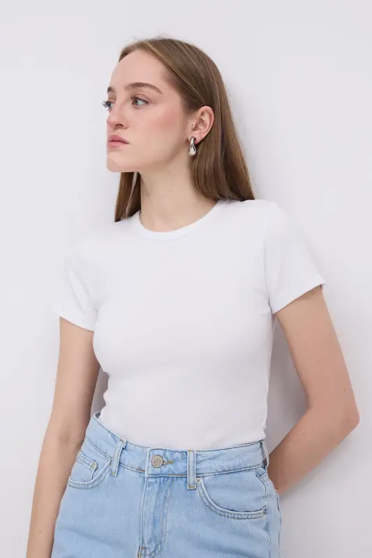 Bilasikli yoqa Basic T-shirt P13343-u6-Oq - 5