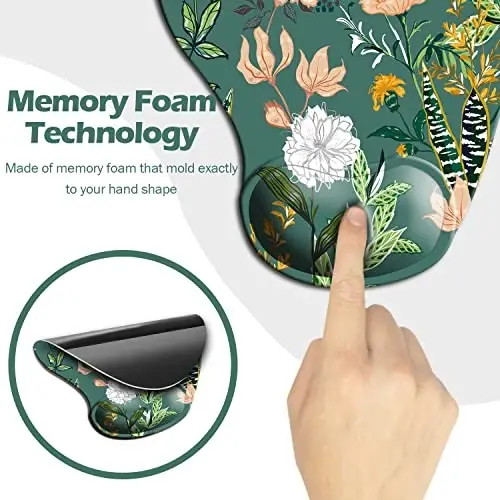 DOOKE Ergonomic Mouse Pad with Wrist Support, Cute Mouse Pads with Non-Slip PU Base for Home Office Working Studying Easy Typing & Pain Relief Dark Green Floral - 5