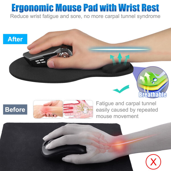 Bilek Destekli Ergonomik Mouse Pad, TSV Oyun Mouse Pad Paspası, Kaymaz Kauçuk Tabanlı Rahat Bilgisayar Jel Mouse Pad - Siyah - 10