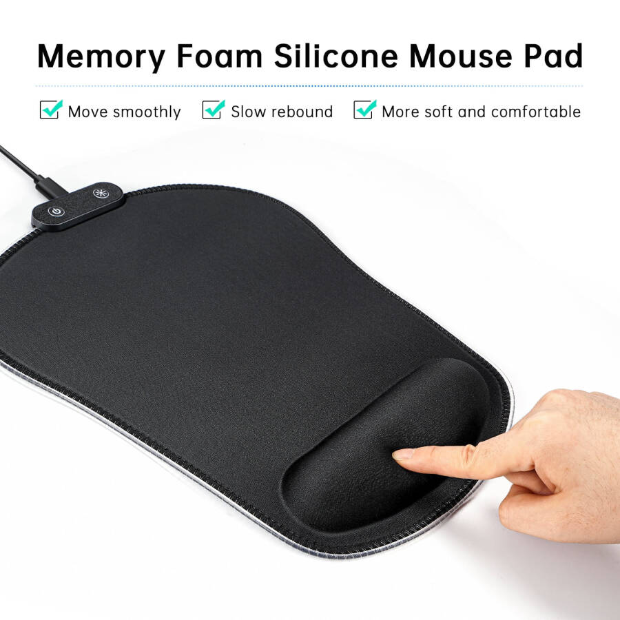 Bilek Destekli RGB Mouse Pad, Jelly Comb LED Oyun Mouse Padı, Hafıza Köpüğü Bilek Desteği, Kaymaz Kauçuk Tabanlı Ağrı Giderici Mouse Pad - 15