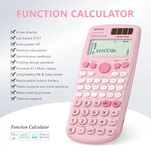 Scientific Calculators, IPepul Pink Math Calculator with 417 Function, Solar Battery Power and 4-Line Display, School Supplies for Middle High College Students Teachers (Pink 991ES Plus) - 5