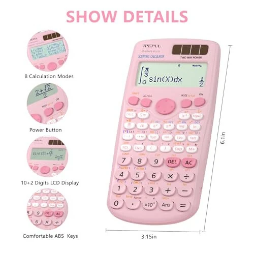 Scientific Calculators, IPepul Pink Math Calculator with 417 Function, Solar Battery Power and 4-Line Display, School Supplies for Middle High College Students Teachers (Pink 991ES Plus) - iPepul (1)