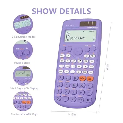 Scientific Calculators, IPepul Purple Math Calculator with 417 Function, Solar Battery Power and 4-Lines Display, School Supplies for Middle High College Students Teachers (Purple 991ES Plus) - 2