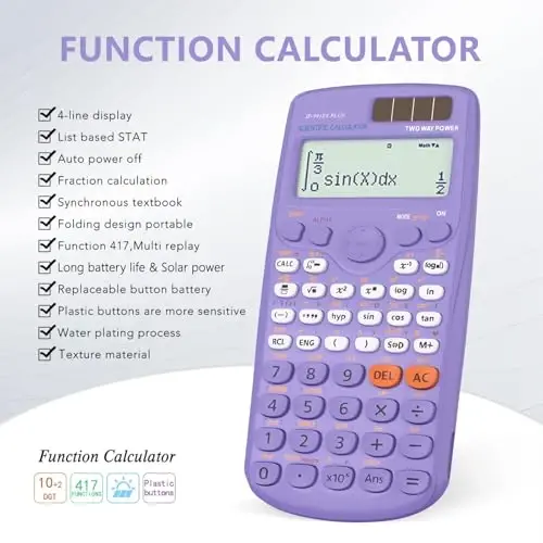 Scientific Calculators, IPepul Purple Math Calculator with 417 Function, Solar Battery Power and 4-Lines Display, School Supplies for Middle High College Students Teachers (Purple 991ES Plus) - 4