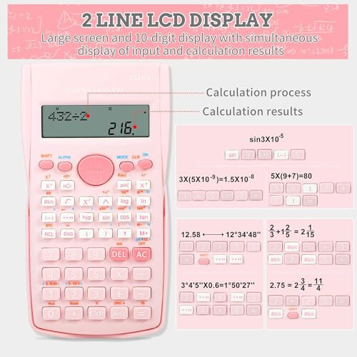 deli Pink Scientific Calculator, 2 Line Cute Calculator Scientific Math Calculator for Students Algebra Geometry Basic Caculator for Middle and High School Students College School Supplies, Small - 5