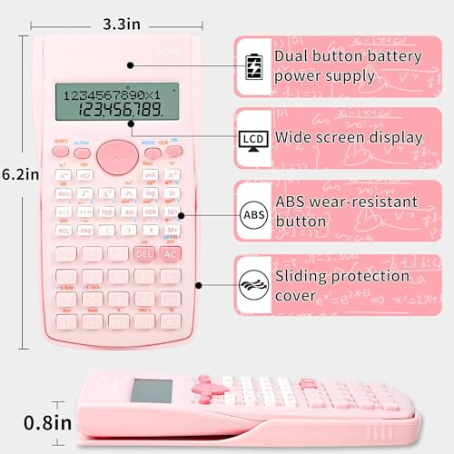 deli Pink Scientific Calculator, 2 Line Cute Calculator Scientific Math Calculator for Students Algebra Geometry Basic Caculator for Middle and High School Students College School Supplies, Small - 6