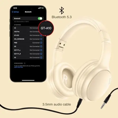 Bingozones Bluetooth Active Noise Cancelling Headphones with Microphone, A10 Wireless Headset Over Ear, 20H+ Playtime, Bluetooth 5.3, Lightweight Wired Headphones for Tablet/PC - Beige - 4