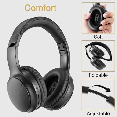 Bingozones A10 Noise Cancelling Headphones Wireless, Black Bluetooth Headset with Mic, Bluetooth 5.3, HiFi Stereo Sound, Deep Bass, 20+H Playtime, Lightweight On Ear Wired Headphones for Tablet/PC - 6
