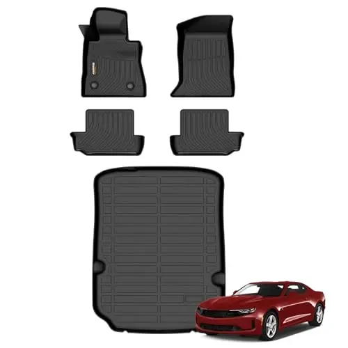 Binmotor-Floor Mats Cargo Liner Set for 2016-2024 Chevy Chevrolet Camaro, Heavy Duty TPE All Weather Car Waterproof Liners Trunk Liner for Chevrolet Camaro Accessories- Black 