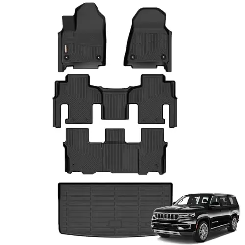 Binmotor-All Weather Car Floor Mats Cargo Liner for Jeep Wagoneer 2022-2025 (Not for Wagoneer L Version), 8 Passenger, TPE Liners for Jeep Wagoneer Accessories Cargo Trunk Mat-Black - 1