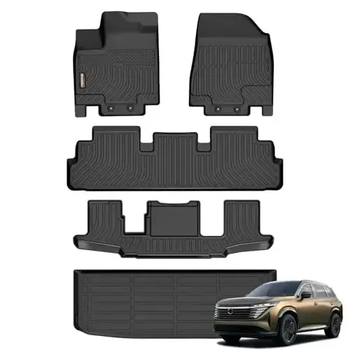 Binmotor-All Weather Floor Mats Cargo Liner Set for for Nissan Pathfinder 2022 2023 2024 2025, 7 Passenger, 3 Rows with Cargo Trunk Mat, Car Mats for Nissan Pathfinder Accessories - 1