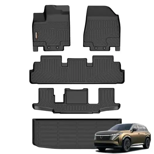 Binmotor-All Weather Floor Mats Cargo Liner Set for for Nissan Pathfinder 2022 2023 2024 2025, 7 Passenger, 3 Rows with Cargo Trunk Mat, Car Mats for Nissan Pathfinder Accessories - 1