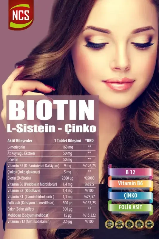 Biotin 2500 mcg 60 Tablets L-cysteine Zinc Vitamin B12 - 2