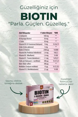 Biotin 2500 mcg 60 Tablets L-cysteine Zinc Vitamin B12 - 6