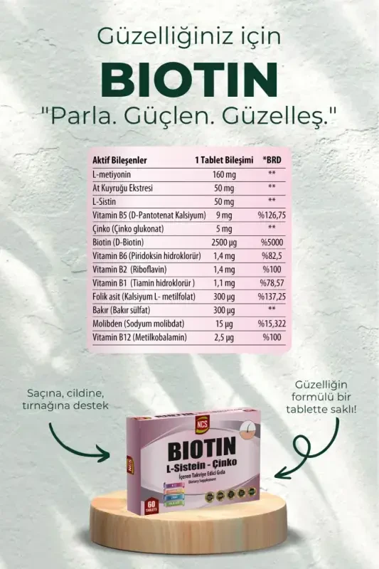 Biotin 2500 мкг 60 таблетка L-систеин Цинк витамин B12 - 6