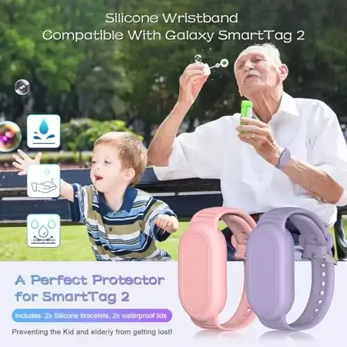 BIQIRE [2Pack] Bracelet Compatible for Samsung Galaxy SmartTag 2 (2023), Soft Silicone Wristband Smart Tag 2 Holder Kids Hidden Galaxy Smart Tag 2 Case Cover for Toddler Child Elderly (Pink+Purple) - 7