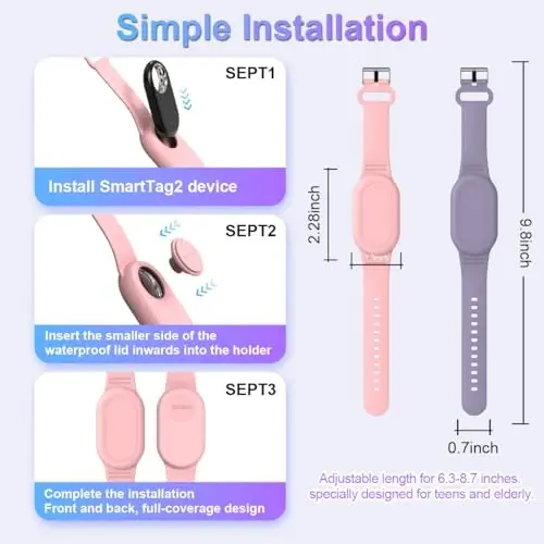 BIQIRE [2Pack] Samsung Galaxy SmartTag 2 (2023) uchun mos bilaguzuk, yumshoq silikon bilakbog' Smart Tag 2 ushlagichi Bolalar uchun yashirin Galaxy Smart Tag 2 g'ilofi Go'dak Bola Qariya (Pushti+Binafsha) - 6