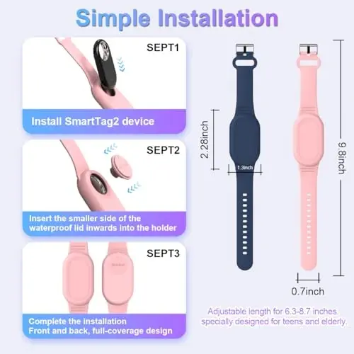 BIQIRE держатель для браслета для Samsung Galaxy SmartTag 2 [2 шт.], мягкий силиконовый браслет-держатель Smart Tag 2, детский браслет, чехол Galaxy Smart Tag 2 для детей и пожилых людей (синий + розовый) - 6