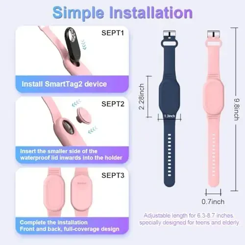 BIQIRE for Samsung Galaxy SmartTag 2 Wristband Holder [2-Pack], Soft Silicone Wristband Smart Tag 2 Holder Kids Bracelet Galaxy Smart Tag 2 Case for Child Elderly (Blue + Pink) - 6