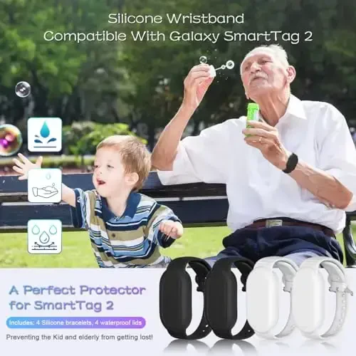 BIQIRE Galaxy SmartTag 2 Bracelet [4Pack], Waterproof Smart Tag 2 Holder, Soft Silicone Wristband for Kids & Elderly (Black, White) - 7