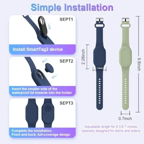 BIQIRE for Samsung Galaxy SmartTag 2 Wristband Holder [2-Pack], Soft Silicone Wristband Smart Tag 2 Holder Kids Bracelet Galaxy Smart Tag 2 Case for Child Elderly (Blue+Olive Green) - 6
