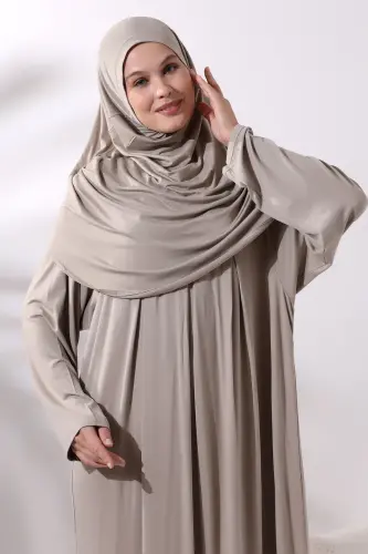 Bir Bo‘lakli Amaliy Ro‘malli Robali Namoz Libosi 8015 Vizon - Bej1 - 6