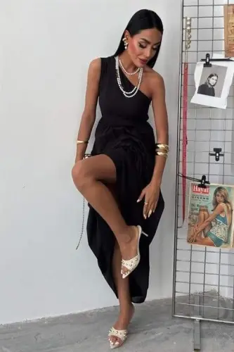 Bir yelkali plili detalli maksi ko'ylak 2895 - BÜYÜKBEDENIZ (1)