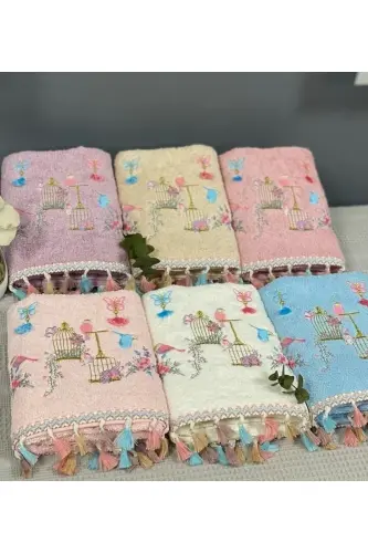 Bird Cage Embroidered Cotton Tasseled 6-Piece 30x50 Kitchen Towel Set - 1