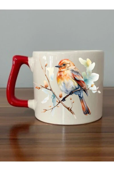 Bird Red Handle Mug - Ceramic Tea, Coffee Gift Cup - LILI HEDIYELIK