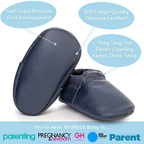 BirdRock Baby Fringeless Moccasins - Genuine Leather Boys and Girls Shoes for Newborns, Infants, Babies, Toddlers - 6