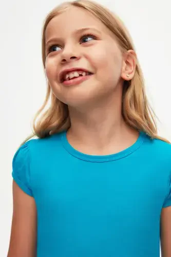 Бирюзовая базовая футболка для девочки с короткими рукавами-фонариками - OCEAN TURQUOISE - 3