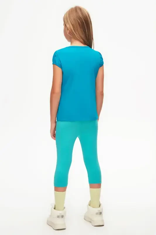 Бирюзовая базовая футболка для девочки с короткими рукавами-фонариками - OCEAN TURQUOISE - 4