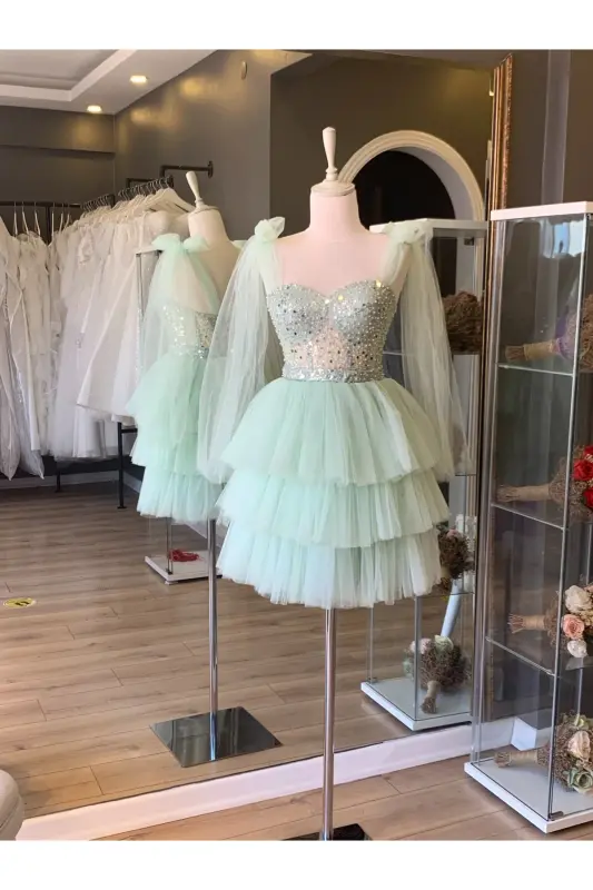 Бирюзовое Мини-Платье для Вечеринок с Кружевной Отделкой - LENTA MODA