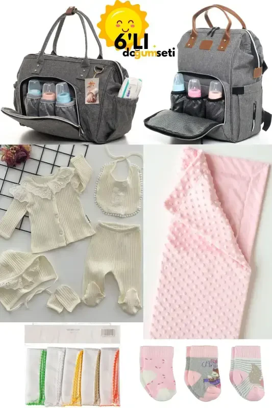 Birth Set Baby Care Backpack and Shoulder Bag, Hospital Outfit, Blanket, 10 Wipes and 3 Socks-GRAY - 1