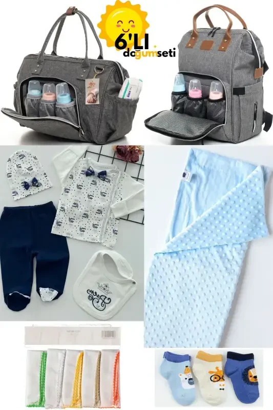 Birth Set Baby Care Backpack And Shoulder Bag, Hospital Outfit, Blanket, 10 Wipes And 3 Socks-SMOKE - 1