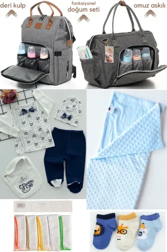 Birth Set (BABY CARE SHOULDER AND BACK BAG, HOSPITAL OUTFIT, BLANKET, 10 WIPES, 3-PIECE SOCK SET)-GRAY - 1